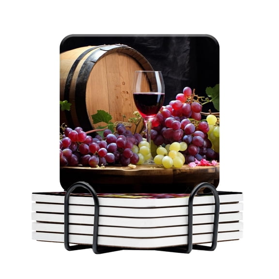 BaHomeck Drink Coasters Set Of 6 With Holder Still Life Of Grapes And Wine On The Table Water Absorbent Ceramic Coasters Tabletop Protection,Suitable For Various Cup,Home Decor