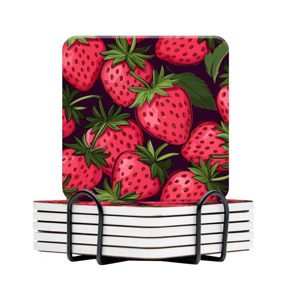 BaHomeck Drink Coasters Set Of 6 With Holder Strawberry Pattern With Cartoon Style Water Absorbent Ceramic Coasters Tabletop Protection,Suitable For Various Cup,Home Decor