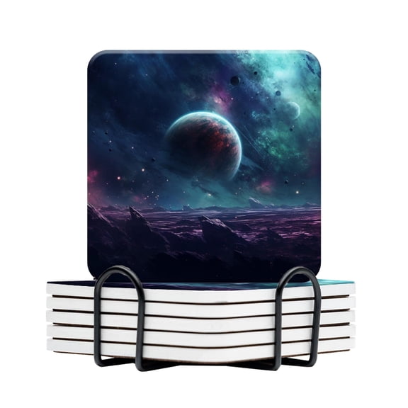 BaHomeck Drink Coasters Set Of 6 With Holder Surreal Space Scene With Planets And Stars Water Absorbent Ceramic Coasters Tabletop Protection,Suitable For Various Cup,Home Decor