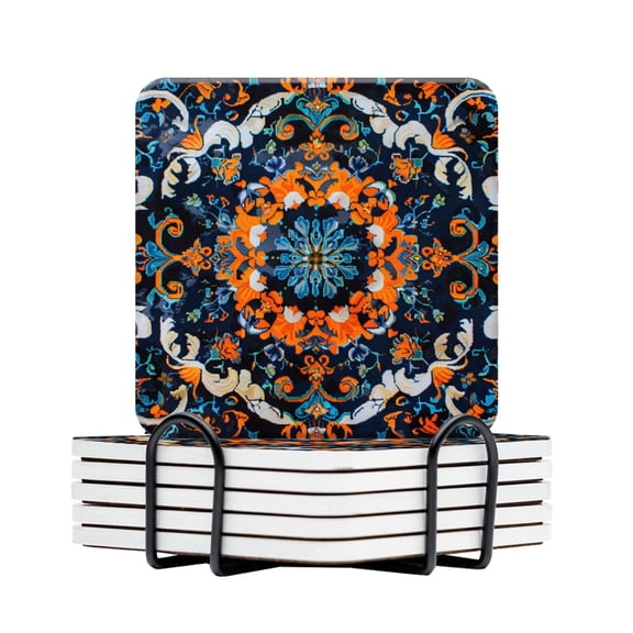 BaHomeck Drink Coasters Set Of 6 With Holder Symmetrical And Intricate Pattern Of Arabic Carpet Water Absorbent Ceramic Coasters Tabletop Protection,Suitable For Various Cup,Home Decor