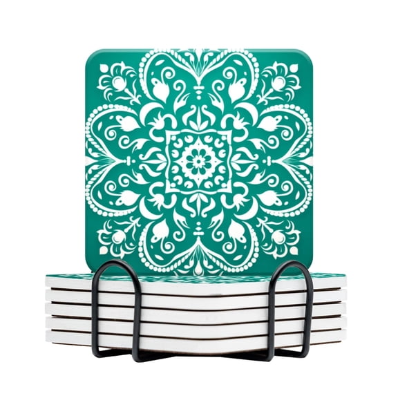 BaHomeck Drink Coasters Set Of 6 With Holder Traditional Indian Motif On An Emerald Green Background Water Absorbent Ceramic Coasters Tabletop Protection,Suitable For Various Cup,Home Decor