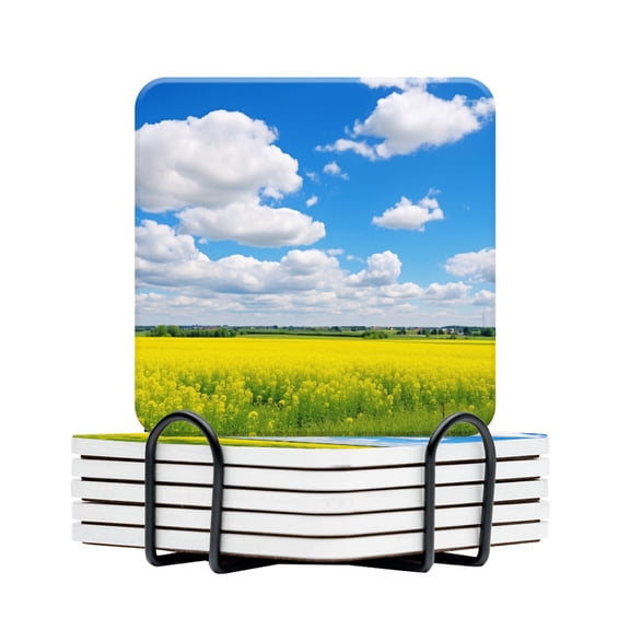 BaHomeck Drink Coasters Set Of 6 With Holder Vast Field Of Rapeseed Flowers Under The Blue Sky Water Absorbent Ceramic Coasters Tabletop Protection,Suitable For Various Cup,Home Decor