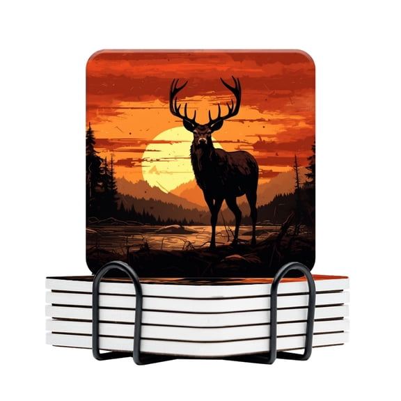 BaHomeck Drink Coasters Set Of 6 With Holder Vector Illustration Of Deer Silhouette In The Sunset Water Absorbent Ceramic Coasters Tabletop Protection,Suitable For Various Cup,Home Decor