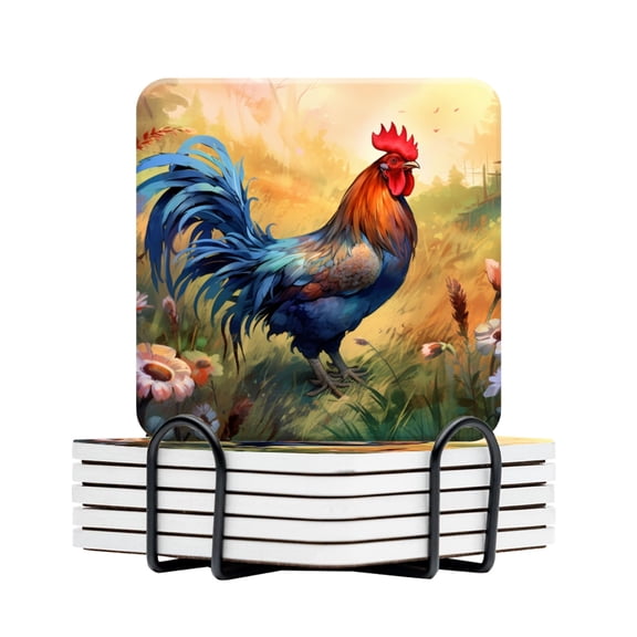 BaHomeck Drink Coasters Set Of 6 With Holder Vibrant Rooster Standing Tall In The Center Of Idyllic Farm Scene Water Absorbent Ceramic Coasters Tabletop Protection,Suitable For Various Cup,Home Decor