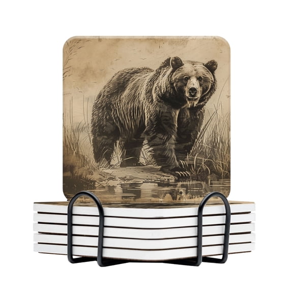 BaHomeck Drink Coasters Set Of 6 With Holder Vintage Illustration Of Old Grizzly Bear Standing In The Water Water Absorbent Ceramic Coasters Tabletop Protection,Suitable For Various Cup,Home Decor