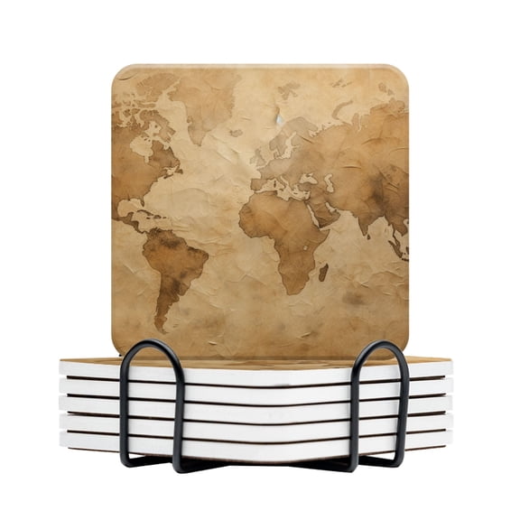 BaHomeck Drink Coasters Set Of 6 With Holder Vintage Paper Background With World Map Water Absorbent Ceramic Coasters Tabletop Protection,Suitable For Various Cup,Home Decor