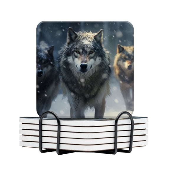 BaHomeck Drink Coasters Set Of 6 With Holder Wolves Walking In The Snow Water Absorbent Ceramic Coasters Tabletop Protection,Suitable For Various Cup,Home Decor