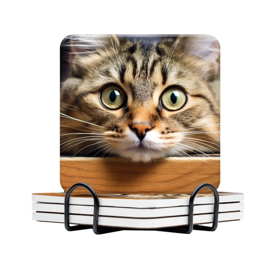 BaHomeck Drink Coasters Set Of 4 With Holder Adorable Cat'S Face Peering Over The Edge Of Wooden Table Water Absorbent Ceramic Coasters Tabletop Protection,Suitable For Various Cup,Home Decor