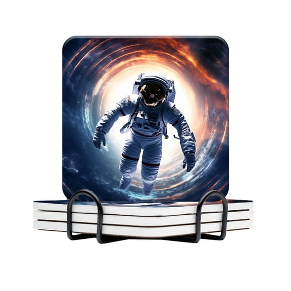 BaHomeck Drink Coasters Set Of 4 With Holder Astronaut In Space Suit Floating Through Wormhole Water Absorbent Ceramic Coasters Tabletop Protection,Suitable For Various Cup,Home Decor
