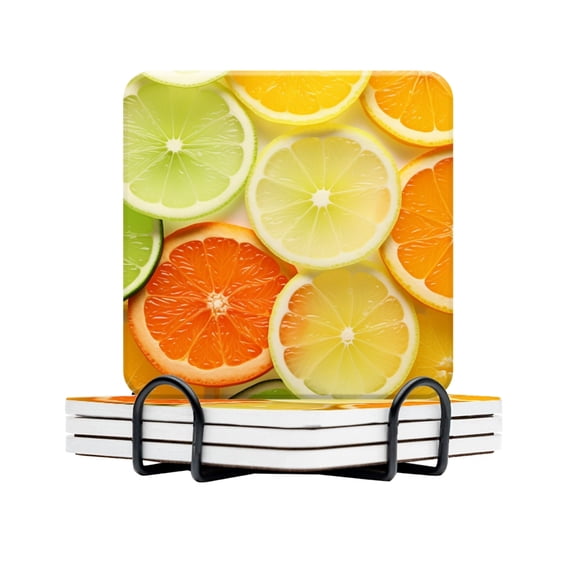 BaHomeck Drink Coasters Set Of 4 With Holder Background Of Different Citrus Slices And Orange Water Absorbent Ceramic Coasters Tabletop Protection,Suitable For Various Cup,Home Decor