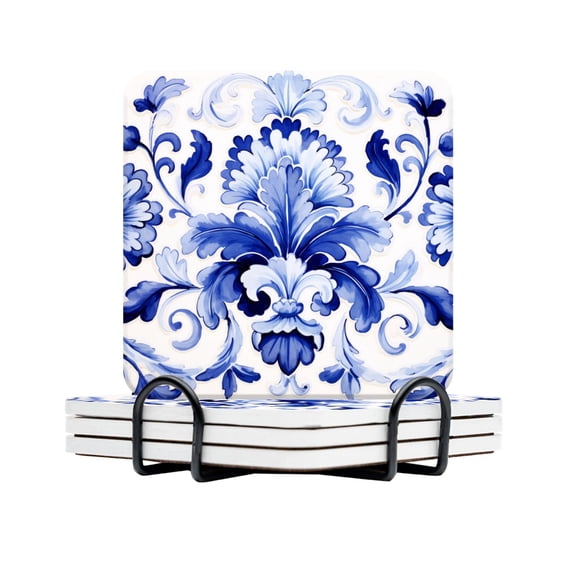 BaHomeck Drink Coasters Set Of 4 With Holder Beautiful Blue And White Hand-Painted Floral Ornament On The Tile Water Absorbent Ceramic Coasters Tabletop Protection,Suitable For Various Cup,Home Decor