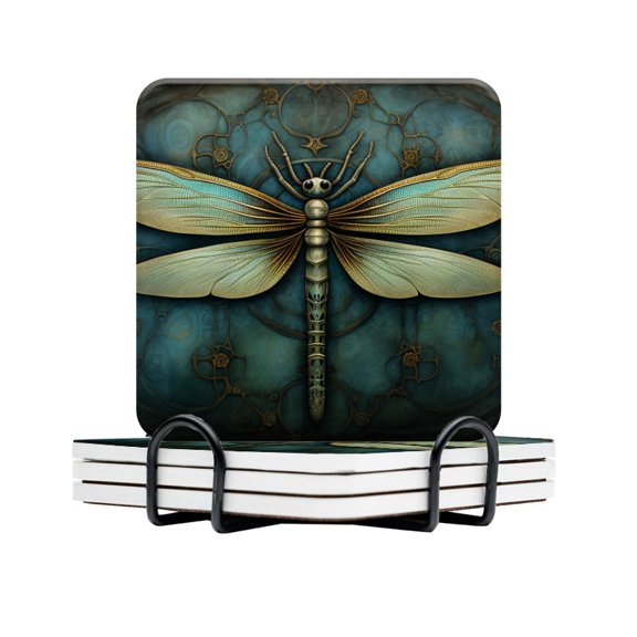 BaHomeck Drink Coasters Set Of 4 With Holder Beautiful Dragonfly In The Style Of Intricate Steampunk Water Absorbent Ceramic Coasters Tabletop Protection,Suitable For Various Cup,Home Decor