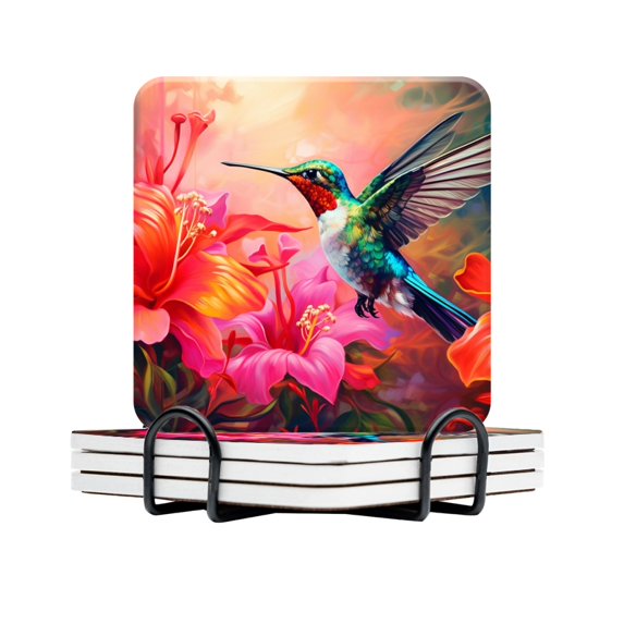 BaHomeck Drink Coasters Set Of 4 With Holder Beautiful Hummingbird Hovers Among Colorful Flowers Water Absorbent Ceramic Coasters Tabletop Protection,Suitable For Various Cup,Home Decor