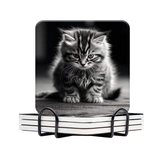 BaHomeck Drink Coasters Set Of 4 With Holder Black And White Photograph Of Cute Kitten With Sad Expression Water Absorbent Ceramic Coasters Tabletop Protection,Suitable For Various Cup,Home Decor
