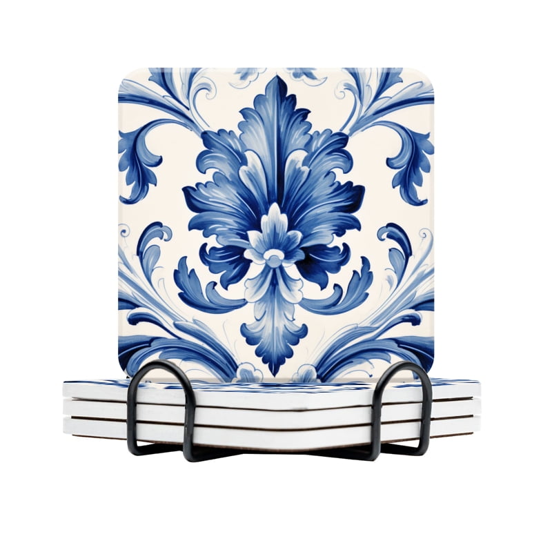 BaHomeck Ceramic Drink Coasters Set Of 4 – Vine & Leaf Design, Cork Back, With Metal Holder, 4 Inch Round