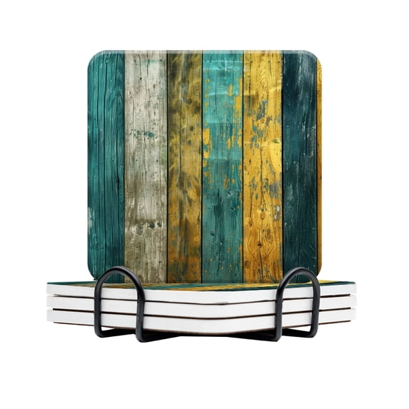 BaHomeck Drink Coasters Set Of 4 With Holder Colorful Wooden Planks In Teal And Yellow Water Absorbent Ceramic Coasters Tabletop Protection,Suitable For Various Cup,Home Decor
