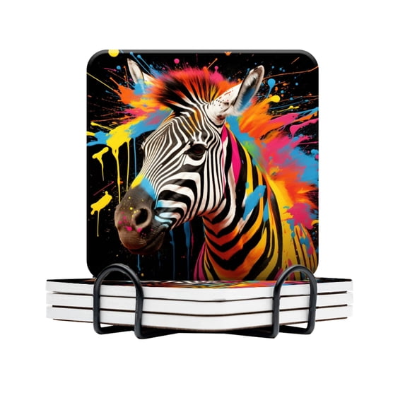 BaHomeck Drink Coasters Set Of 4 With Holder Colorful Zebra With Paint Splatters On Black Background Water Absorbent Ceramic Coasters Tabletop Protection,Suitable For Various Cup,Home Decor