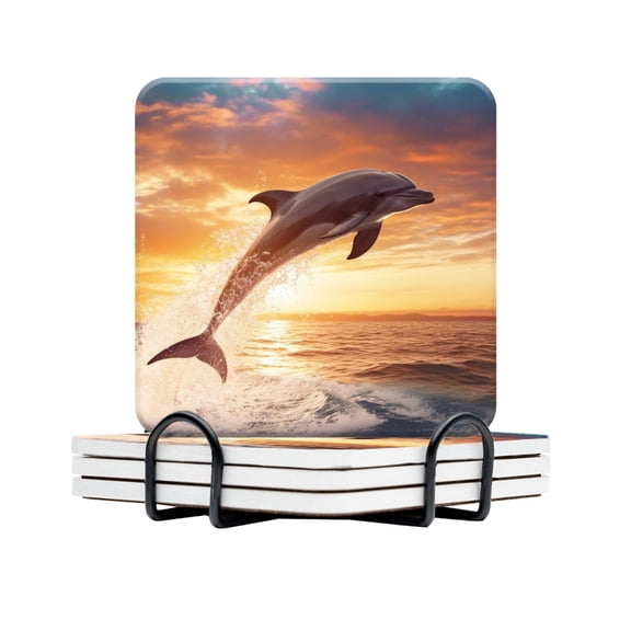 BaHomeck Drink Coasters Set Of 4 With Holder Dolphin Jumping Out Of The Water At Sunset Water Absorbent Ceramic Coasters Tabletop Protection,Suitable For Various Cup,Home Decor