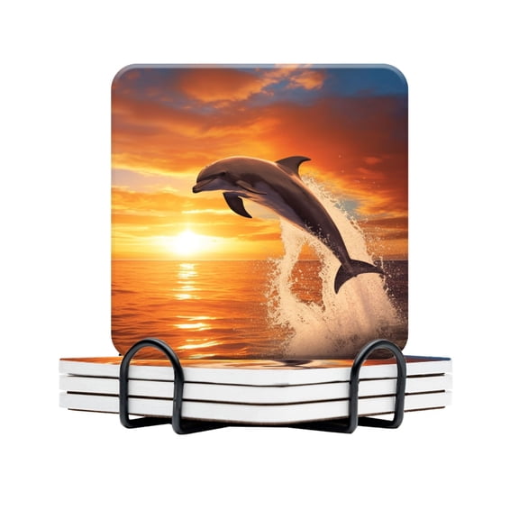 BaHomeck Drink Coasters Set Of 4 With Holder Dolphins Jumping At Sunset With An Orange And Blue Sky Water Absorbent Ceramic Coasters Tabletop Protection,Suitable For Various Cup,Home Decor