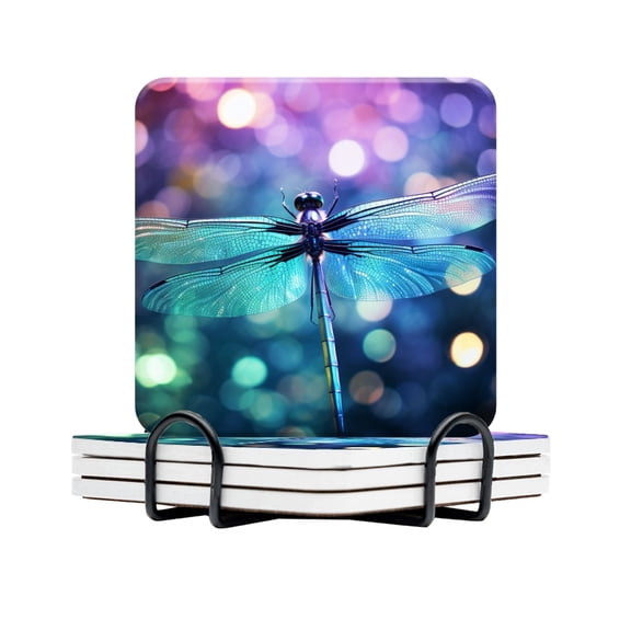 BaHomeck Drink Coasters Set Of 4 With Holder Dragonfly With Iridescent Wings Water Absorbent Ceramic Coasters Tabletop Protection,Suitable For Various Cup,Home Decor