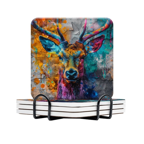 BaHomeck Drink Coasters Set Of 4 With Holder Graffiti Painting Of Deer Head On Old Concrete Wall Water Absorbent Ceramic Coasters Tabletop Protection,Suitable For Various Cup,Home Decor