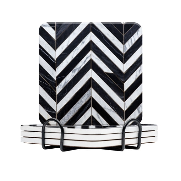 BaHomeck Drink Coasters Set Of 4 With Holder Herringbone Pattern Made Of Black And White Marble Tiles (2) Water Absorbent Ceramic Coasters Tabletop Protection,Suitable For Various Cup,Home Decor