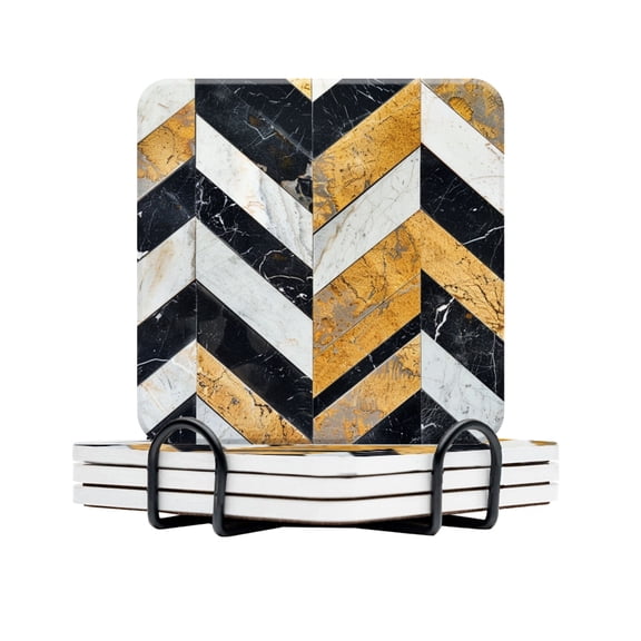 BaHomeck Drink Coasters Set Of 4 With Holder Herringbone Pattern Made Of Black And White Marble Tiles Water Absorbent Ceramic Coasters Tabletop Protection,Suitable For Various Cup,Home Decor
