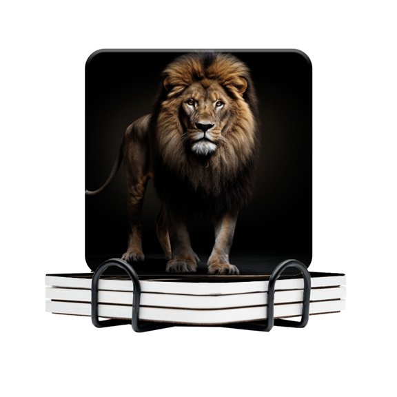 BaHomeck Drink Coasters Set Of 4 With Holder Majestic Full-Body Portrait Of Lion Water Absorbent Ceramic Coasters Tabletop Protection,Suitable For Various Cup,Home Decor