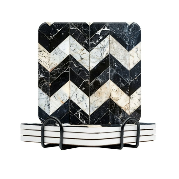 BaHomeck Drink Coasters Set Of 4 With Holder Pattern Made Of Black And White Marble Tiles Water Absorbent Ceramic Coasters Tabletop Protection,Suitable For Various Cup,Home Decor