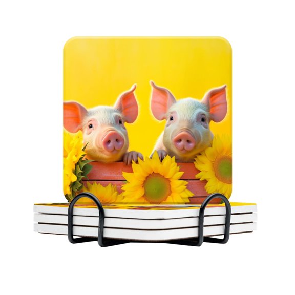 BaHomeck Drink Coasters Set Of 4 With Holder Piglets Sitting On Sunflowers With Yellow Background Water Absorbent Ceramic Coasters Tabletop Protection,Suitable For Various Cup,Home Decor