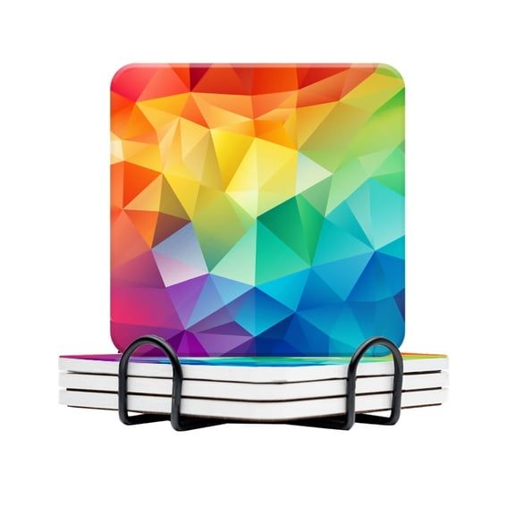 BaHomeck Drink Coasters Set Of 4 With Holder Rainbow Color Low Poly Triangles Water Absorbent Ceramic Coasters Tabletop Protection,Suitable For Various Cup,Home Decor