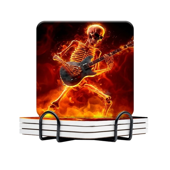 BaHomeck Drink Coasters Set Of 4 With Holder Skull Playing Guitar Amidst Flames Water Absorbent Ceramic Coasters Tabletop Protection,Suitable For Various Cup,Home Decor