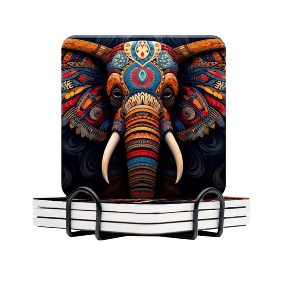 BaHomeck Drink Coasters Set Of 4 With Holder Symmetrical Colorful Elephant With Wings Water Absorbent Ceramic Coasters Tabletop Protection,Suitable For Various Cup,Home Decor