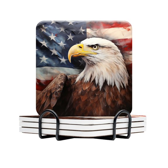 BaHomeck Drink Coasters Set Of 4 With Holder The Bald Eagle Is Painted On The Background Of American Flag Water Absorbent Ceramic Coasters Tabletop Protection,Suitable For Various Cup,Home Decor