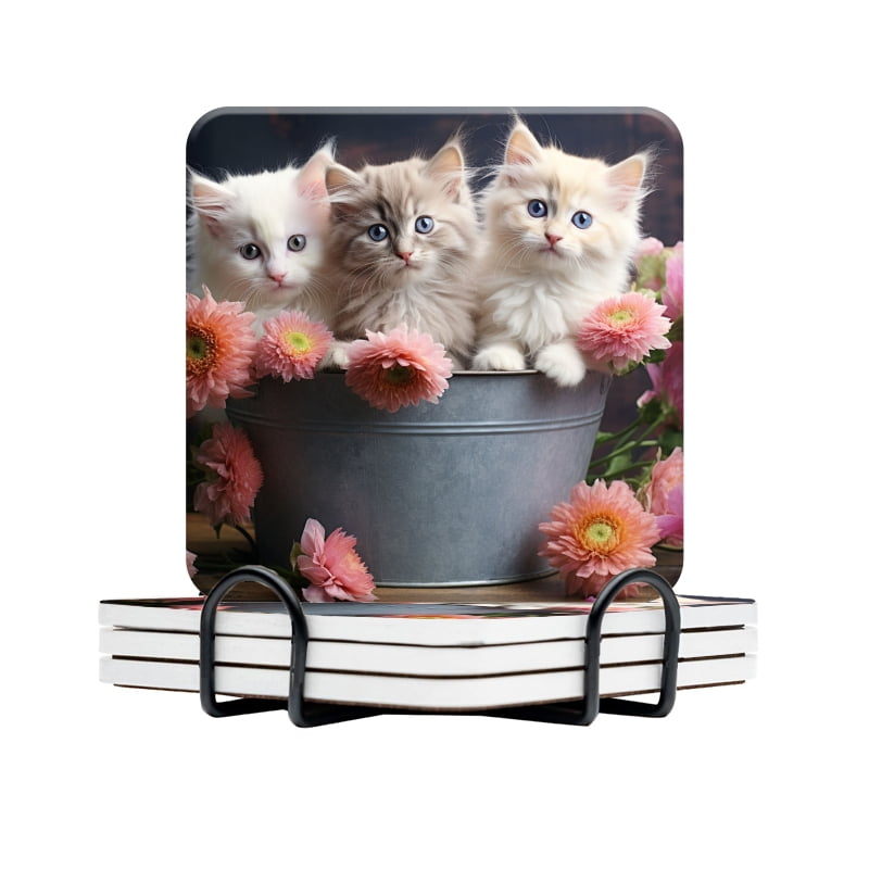 BaHomeck Drink Coasters Set Of 4 With Holder Three Cute Kittens With ...
