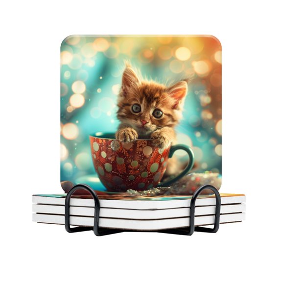 BaHomeck Drink Coasters Set Of 4 With Holder Tiny Kitten Sits In Ornate Polka-Dotted Coffee Cup Water Absorbent Ceramic Coasters Tabletop Protection,Suitable For Various Cup,Home Decor