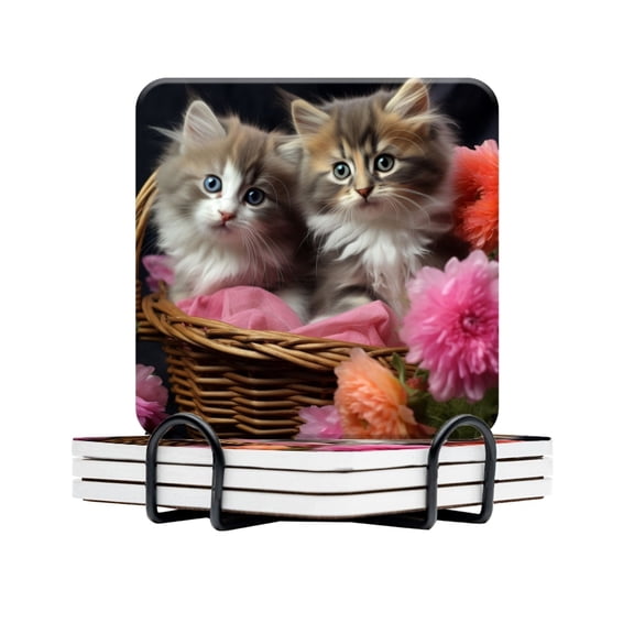 BaHomeck Drink Coasters Set Of 4 With Holder Two Cute Kittens Sitting In Old Metal Bucket Water Absorbent Ceramic Coasters Tabletop Protection,Suitable For Various Cup,Home Decor
