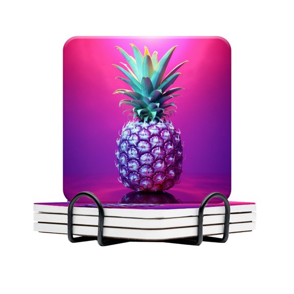 BaHomeck Drink Coasters Set Of 4 With Holder Vibrant Pineapple With Neon Purple Background Water Absorbent Ceramic Coasters Tabletop Protection,Suitable For Various Cup,Home Decor