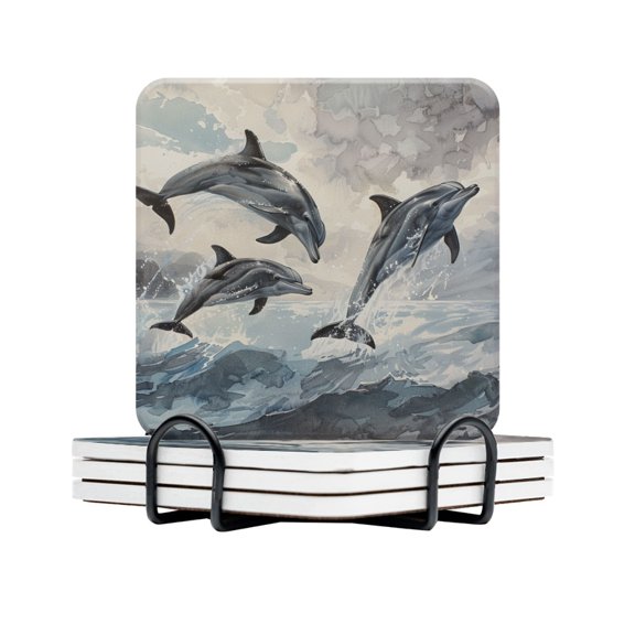 BaHomeck Drink Coasters Set Of 4 With Holder Watercolor Painting Of Dolphins Jumping Out Of The Water Water Absorbent Ceramic Coasters Tabletop Protection,Suitable For Various Cup,Home Decor