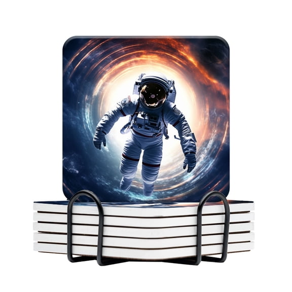 BaHomeck Drink Coasters Set Of 6 With Holder Astronaut In Space Suit Floating Through Wormhole Water Absorbent Ceramic Coasters Tabletop Protection,Suitable For Various Cup,Home Decor