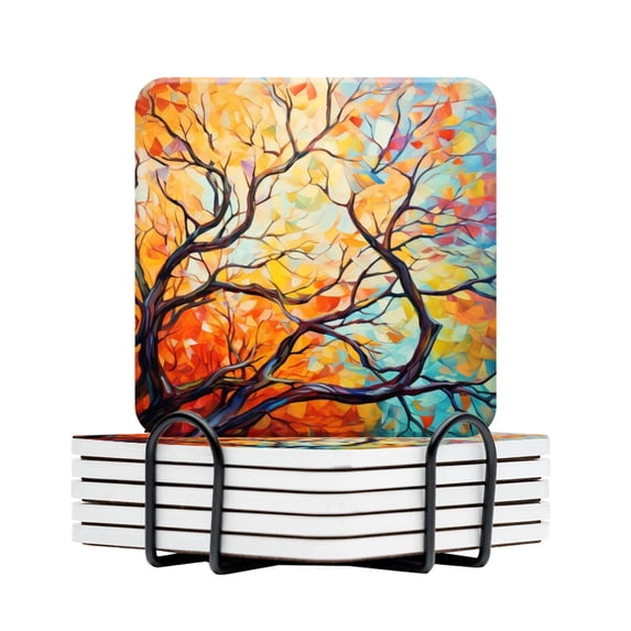 BaHomeck Drink Coasters Set Of 6 With Holder Autumn Tree With Leaves Orange And Red Water Absorbent Ceramic Coasters Tabletop Protection,Suitable For Various Cup,Home Decor