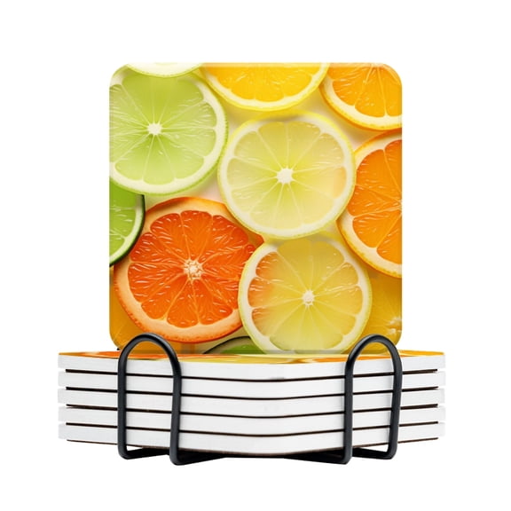 BaHomeck Drink Coasters Set Of 6 With Holder Background Of Different Citrus Slices And Orange Water Absorbent Ceramic Coasters Tabletop Protection,Suitable For Various Cup,Home Decor