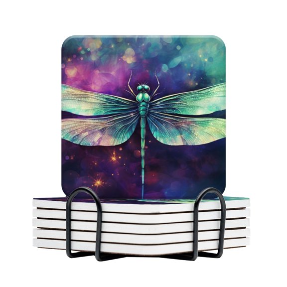 BaHomeck Drink Coasters Set Of 6 With Holder Beautiful Dragonfly In The Style Of Fantasy Art Water Absorbent Ceramic Coasters Tabletop Protection,Suitable For Various Cup,Home Decor