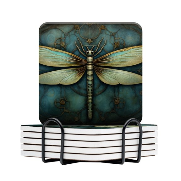 BaHomeck Drink Coasters Set Of 6 With Holder Beautiful Dragonfly In The Style Of Intricate Steampunk Water Absorbent Ceramic Coasters Tabletop Protection,Suitable For Various Cup,Home Decor