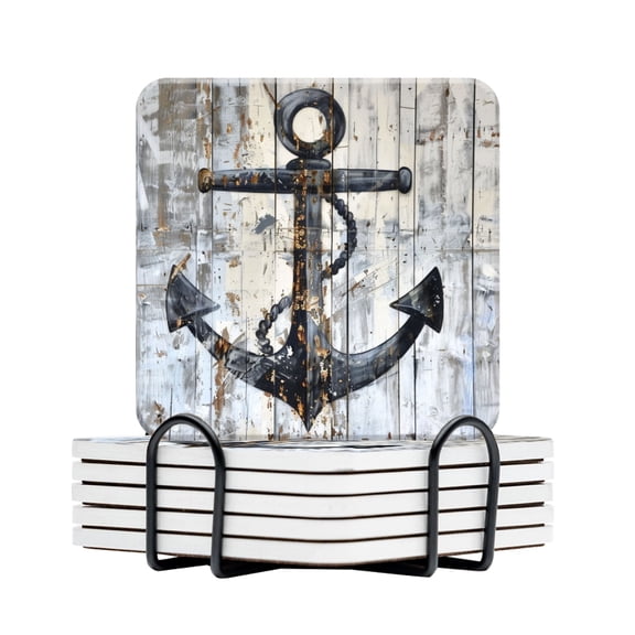 BaHomeck Drink Coasters Set Of 6 With Holder Black Nautical Anchor On White Painted Wood Water Absorbent Ceramic Coasters Tabletop Protection,Suitable For Various Cup,Home Decor