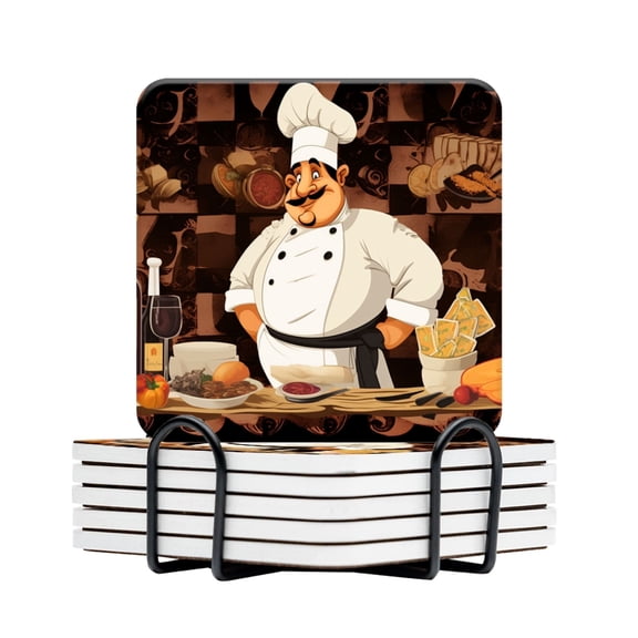 BaHomeck Drink Coasters Set Of 6 With Holder Cartoon Chef Character Is Surrounded By Various Types Of Food Water Absorbent Ceramic Coasters Tabletop Protection,Suitable For Various Cup,Home Decor