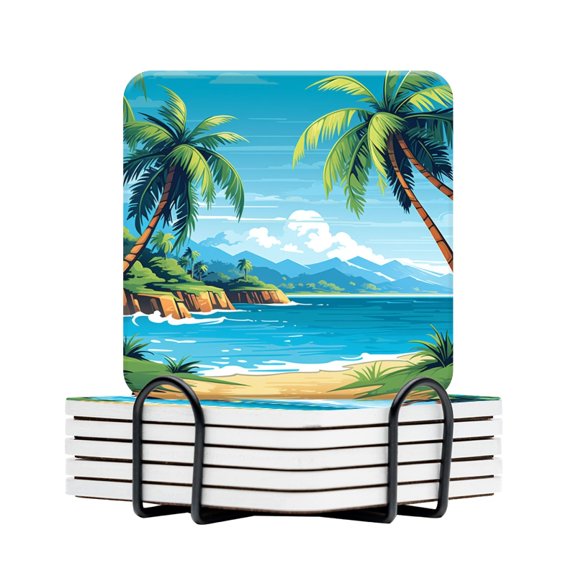 BaHomeck Drink Coasters Set Of 6 With Holder Cartoon Vector-Style Landscape View Of The Palm Trees Water Absorbent Ceramic Coasters Tabletop Protection,Suitable For Various Cup,Home Decor