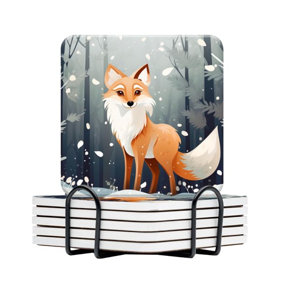 BaHomeck Drink Coasters Set Of 6 With Holder Cute Cartoon Fox Standing In The Snow Water Absorbent Ceramic Coasters Tabletop Protection,Suitable For Various Cup,Home Decor