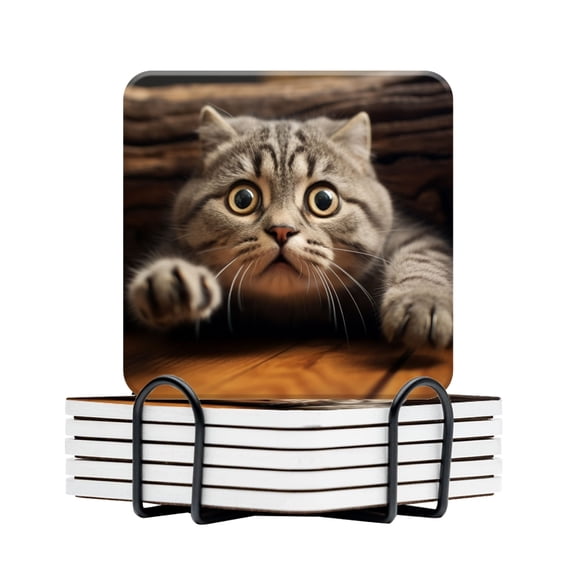 BaHomeck Drink Coasters Set Of 6 With Holder Cute Gray Scottish Fold Cat Pokes Head Out Water Absorbent Ceramic Coasters Tabletop Protection,Suitable For Various Cup,Home Decor