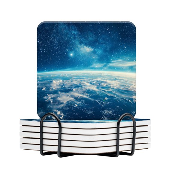 BaHomeck Drink Coasters Set Of 6 With Holder Earth From Space Blue Sky With Stars And Clouds Water Absorbent Ceramic Coasters Tabletop Protection,Suitable For Various Cup,Home Decor